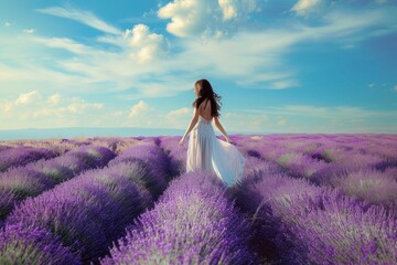 a woman in a white dress is standing in a field of lavender flowers