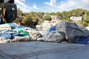 Fishing nets with ropes and floats in a harbor on Mallorca