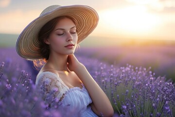 A happy woman in a hat standing amidst lavender flowers in a natural landscape