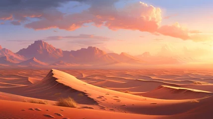 Deurstickers A vast, untouched desert landscape at sunset, with dunes casting long shadows and the sky ablaze with warm tones. © Zaryab Kubra Naqvi
