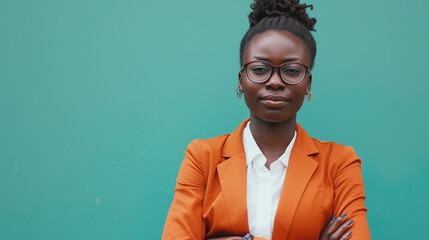 West African Businesswoman, Isolated on Solid Background - Copy Space Provided - obrazy, fototapety, plakaty