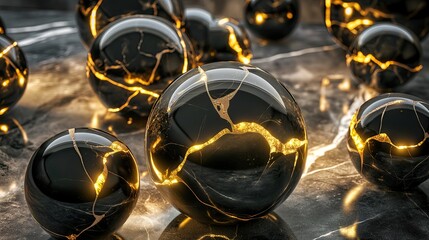 Black marble spheres, neon lighting