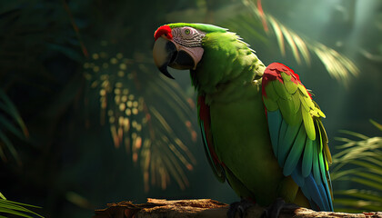 parrot great-green macaw on branch in forest