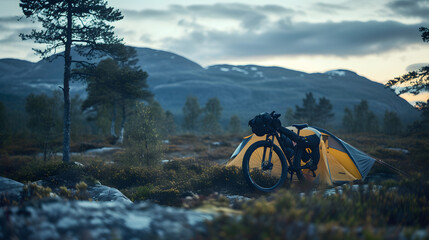 A bikepacking adventurer setting camp in a remote wilderness area at dusk with their bicycle leaning against a backdrop of untouched nature. - obrazy, fototapety, plakaty