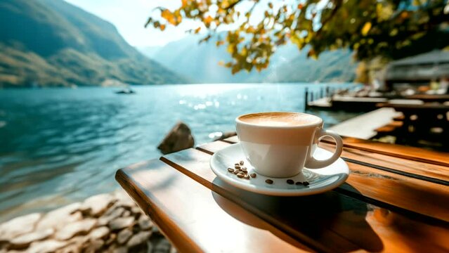 cup of coffee on a floral table, butterflies fluttering. with a mountain view, Seamless looping time-lapse 4k animation video background Generated AI
