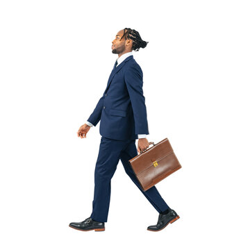 Full body photo of a walking black businessman. Full body photo PNG with transparent background precisely cut out with clipping path.