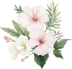 watercolor illustration decorative arrangement of white and pink Hibiscus syriacus and green leaves on transparent background. Florist bouquet. Korean National Day, Memorial Day, and Constitution Day.