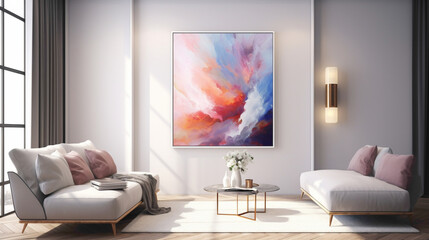 A mockup of a modern living room with a blank white empty frame, showcasing a dynamic, abstract digital painting that adds a sense of movement to the space.