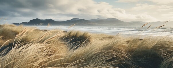 Amazing icelandic grass in beach during windy day. - obrazy, fototapety, plakaty
