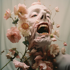 A pale dead person with flowers growing on his head.