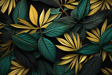 Green and gold floral patterns in paper style on a black background. Generative Ai