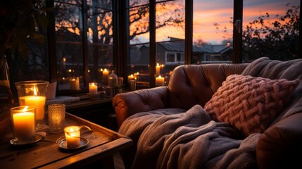 A tranquil living room at twilight, a soft blanket draped over a plush armchair, a steaming mug of t - obrazy, fototapety, plakaty
