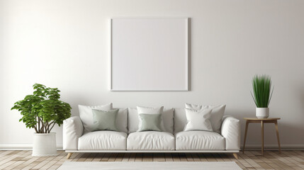 Fototapeta na wymiar A mockup of a modern living room with a blank white empty frame, showcasing a vibrant, artistic digital rendering that sparks imagination.