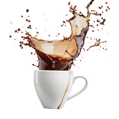 Spilled coffee from white mug, messy accident image. Hot coffee splashing out of white cup, dramatic moment.