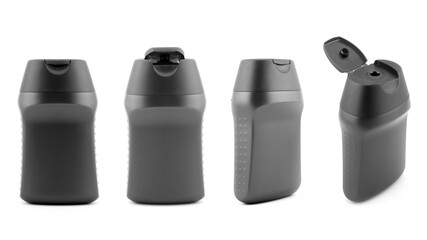 set of black plastic cosmetic bottles viewed from different angles