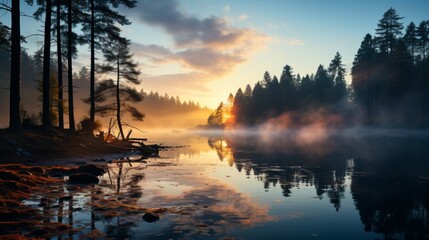 Fototapeta na wymiar A misty morning by a forest lake, the mist hovering over the calm water, the silhouettes of trees em