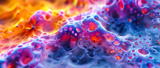 Delving into the microscopic world, an abstract fusion of science and art, where cells and disease meet vibrant liquid motion - obrazy, fototapety, plakaty