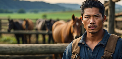 Portrait of a young Asian male farmer in overalls standing and leaning on a wooden fence outdoors in the countryside with a place to copy (14) - Powered by Adobe