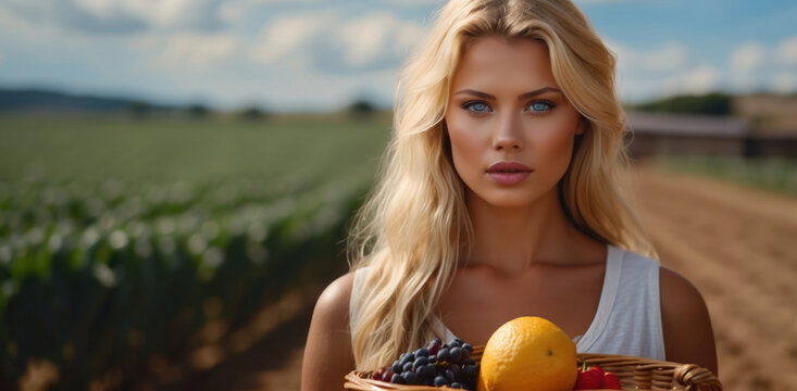 Portrait of a young woman blonde with a very beautiful face, a farmer holding a fruit basket