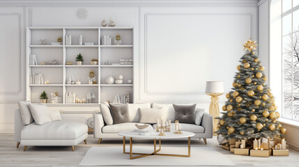 Golden White Theme Modern Living room with Christmas tree, fireplace, luxury