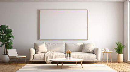Fototapeta na wymiar A mockup of a modern living room with a blank white empty frame, showcasing a vibrant, contemporary digital illustration that adds a touch of whimsy.