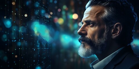 Focused man using hologram technology for trading cybersecurity and data analysis. Concept Cybersecurity, Hologram Technology, Data Analysis, Trading, Focused Man