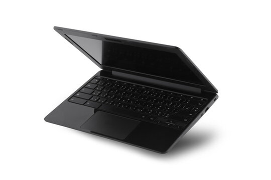 Black laptop computer on a white background.