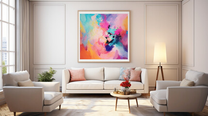 A mockup of a modern living room with a blank white empty frame, showcasing a vibrant, abstract digital collage that evokes emotions and imagination.