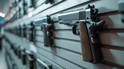 Handgun on the wall in the gun store.  - obrazy, fototapety, plakaty
