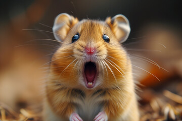 Funny fluffy brown hamster screaming with opened mouth in nature.