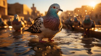 Foto op Plexiglas A group of pigeons gathered around a city square fountain, people feeding them in the background, hi © ProVector
