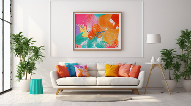 A mockup of a modern living room with a blank white empty frame, showcasing a vibrant, contemporary digital illustration that adds a touch of whimsy.