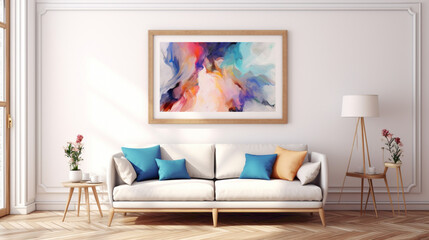Fototapeta na wymiar A mockup of a modern living room with a blank white empty frame, showcasing a dynamic, abstract digital painting that energizes the space.