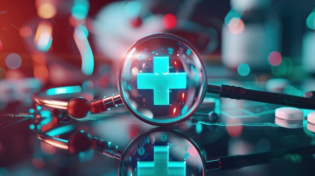 Health Insurance Insight, Magnifying Access to Healthcare with Plus Sign Symbol and Medical Icons