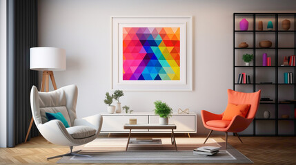 A mockup of a modern living room with a blank white empty frame, showcasing a vibrant, abstract digital collage that evokes emotions and imagination.