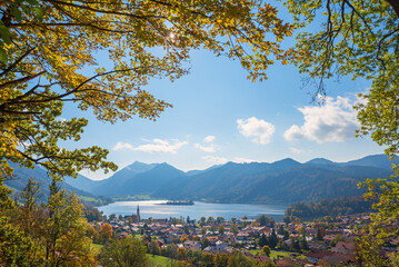 lookout from Oberriss, to tourist resort Schliersee and lake, autumnal scenery
