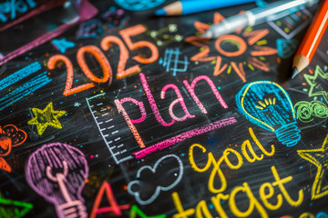 Environmental conservation target and goal for 2025. Chalk drawn 2025 plan and electric bulbs on black chalkboard.