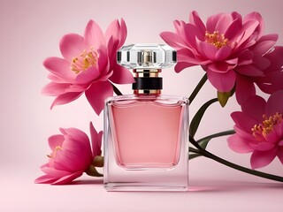 A Realistic Perfume in Glass Bottle on Luxurious Flower Background – Ideal Advertising Poster for Introducing a New Fragrance, Luxury Glass Perfume Bottle with Beautiful Floral  Background