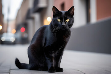 Black Cat Sitting on Sidewalk Next to Building