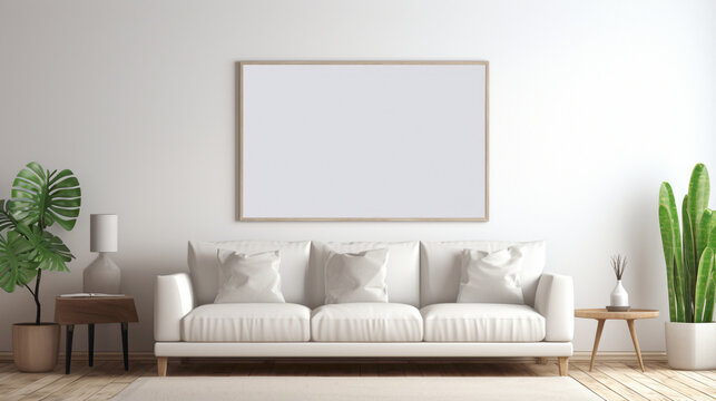 A mockup of a modern living room with a blank white empty frame, showcasing a vibrant, artistic digital rendering that sparks imagination.