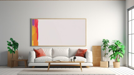 A mockup of a modern living room with a blank white empty frame, showcasing a dynamic, abstract digital collage that sparks curiosity and imagination.