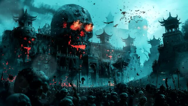 scary halloween background with skull. Seamless looping time-lapse virtual 4k video animation background