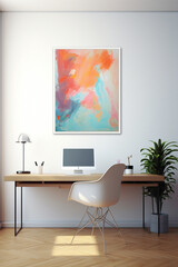 A mockup of a modern office space with a minimalist desk, a colorful abstract painting on the wall, and a simple, ergonomic chair.