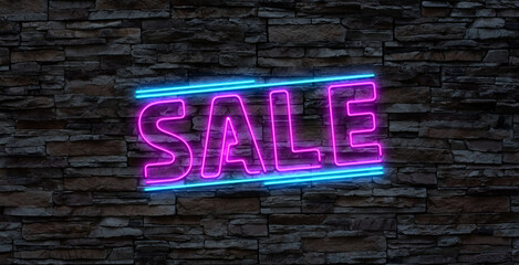 Sale neon text with icon, brick wall background, high Quality.
