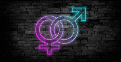 Neon sign with male and female symbol gradient blue and pink. Gender Male and Female.