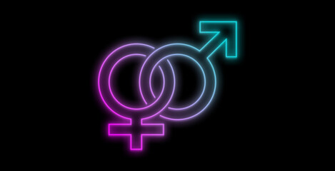 Fototapeta premium Neon sign with male and female symbol gradient blue and pink. Gender Male and Female.