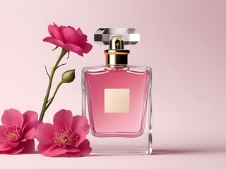 A Realistic Perfume in Glass Bottle on Luxurious Flower Background – Ideal Advertising Poster for Introducing a New Fragrance, Luxury Glass Perfume Bottle with Beautiful Floral  Background