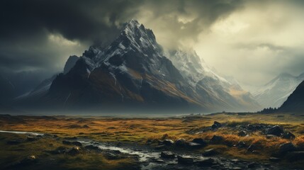 A rugged mountain ridge under a stormy sky, the jagged peaks standing defiant against the dark, broo