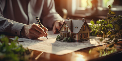 real estate, architectes house buying, mortgage credit documents contract signing - advertising asset illustration - obrazy, fototapety, plakaty