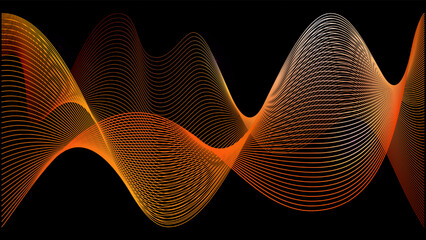 Orange voice swoosh on black background. Red gold skin trail. Wavy fast road ai grid. Soft sound wave lines abstract flyer. Technology neon light effect